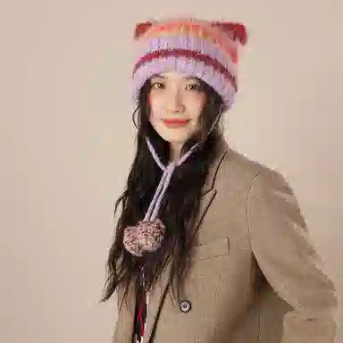 北极绒 冬季亚比风混色条纹猫耳朵学生甜美可爱保暖护耳 聚酯纤维 绒线帽 男女同款情侣款
