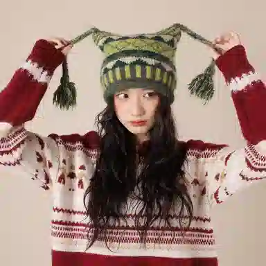 北极绒 可爱麻花辫 民族风提花针织 秋冬季显脸小保暖护耳包头帽 聚酯纤维 绒线帽 男女同款情侣款