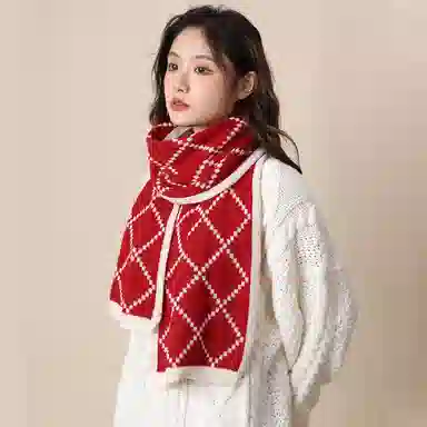 北极绒 红色格子秋冬季高级感百搭 绒线围巾 男女同款情侣款