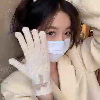 北极绒 针织蝴蝶结学生可爱韩版秋冬季骑行保暖漏露指触屏潮流百搭 聚酯纤维 绒线手套 女款