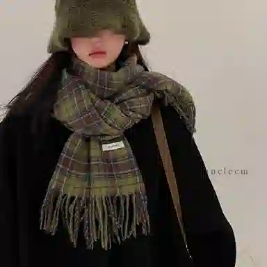 北极绒 复古绿色格子冬季高级感百搭保暖围脖 绒线围巾 男女同款情侣款