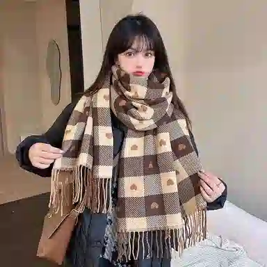 北极绒 秋冬季新款高级感爱心披肩保暖高端针织格子围脖 绒线围巾 男女同款情侣款