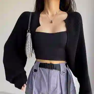 北极绒 韩版针织外搭开衫镂空坎肩罩衫外套长袖 披肩 女款