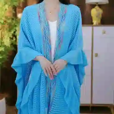 北极绒 潮流氛围感民族风开衩荷叶边时尚镂空开衫外搭 披肩 男女同款情侣款