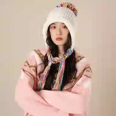 北极绒 彩色流苏民族风甜美护耳时尚保暖针织帽 聚酯纤维 绒线帽 男女同款情侣款