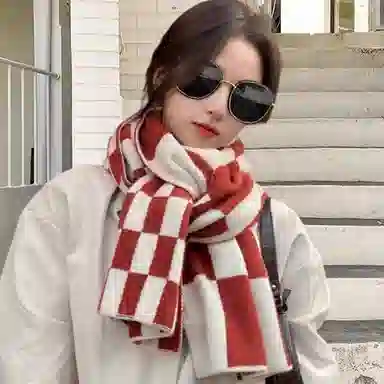 北极绒 秋冬季格子加厚针织红色显白出游百搭披肩围脖 涤纶 绒线围巾 男女同款情侣款