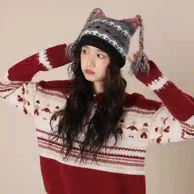 北极绒 可爱麻花辫 民族风提花针织 秋冬季显脸小保暖护耳包头帽 聚酯纤维 绒线帽 男女同款情侣款