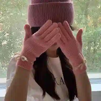 北极绒 针织蝴蝶结学生可爱韩版秋冬季骑行保暖漏露指触屏潮流百搭 聚酯纤维 绒线手套 女款