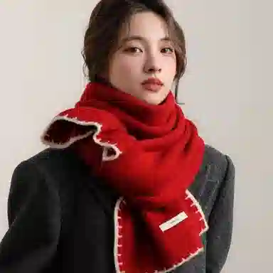 北极绒 高级韩版百搭氛围感软糯针织锁边护颈 聚酯纤维 绒线围巾 男女同款情侣款