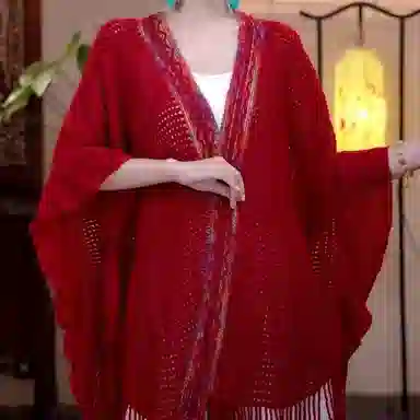 北极绒 潮流氛围感民族风开衩荷叶边时尚镂空开衫外搭 披肩 男女同款情侣款