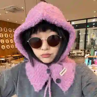 北极绒 韩版巴拉克拉法帽秋冬一体加厚保暖针织护耳帽时尚百搭款 羊毛混纺 斗篷帽 女款