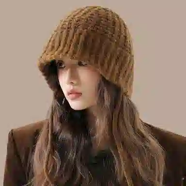 北极绒 美拉德风秋冬韩系保暖百搭辫子护耳显脸小 聚酯纤维 绒线帽 女款
