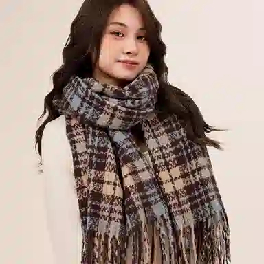 北极绒 网红格子高级感秋冬加厚保暖披肩干枯玫瑰粉围脖 绒线围巾 女款