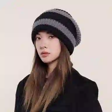 北极绒 条纹大头围毛线秋冬季显脸小保暖针织冷帽套头帽 聚酯纤维 绒线帽 男女同款情侣款