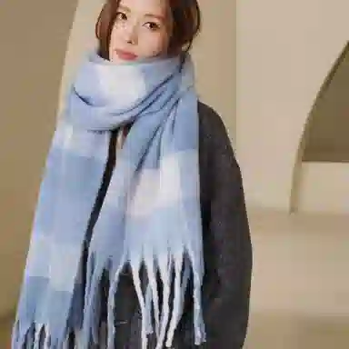 北极绒 高级感拼色马海毛秋冬保暖加厚百搭格子流苏冬季围脖披肩潮 绒线围巾 男女同款情侣款