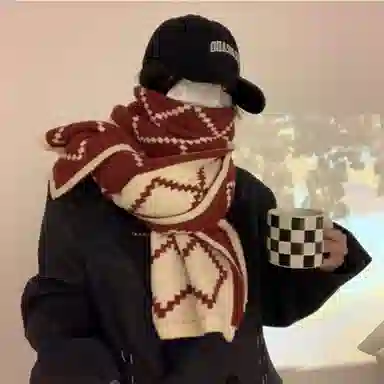 北极绒 加厚保暖日系格子菱形潮流高级百搭 羊毛 绒线围巾 男女同款情侣款