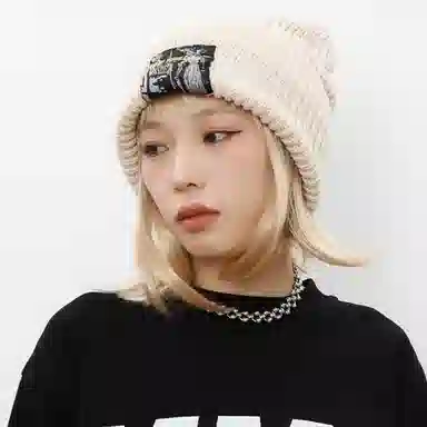 北极绒 秋冬季大头围显脸小贴布毛线尚百搭护耳针织加厚保暖 聚酯纤维 绒线帽 男女同款情侣款