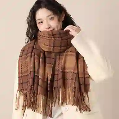 北极绒 韩版高级感复古拼格子夹花纹保暖御寒防风加厚 绒线围巾 男女同款情侣款