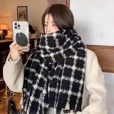 北极绒 复古流苏格子围脖冬季新款高级感韩版保暖百搭披肩两用 绒线围巾 男女同款情侣款