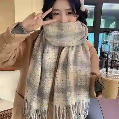 北极绒 秋冬高级感季韩版显白彩点格纹学生时尚百搭保暖氛围感 绒线围巾 男女同款情侣款