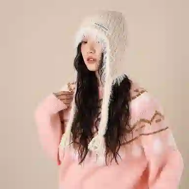 北极绒 针织毛线秋冬新款保暖护耳毛绒系带韩版百搭可爱套头冷帽 聚酯纤维 绒线帽 男女同款情侣款