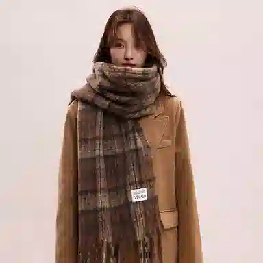 北极绒 秋冬季韩版高级感温暖格子百搭加厚加长披肩 聚酯纤维 绒线围巾 男女同款情侣款