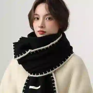 北极绒 高级韩版百搭氛围感软糯针织锁边护颈 聚酯纤维 绒线围巾 男女同款情侣款