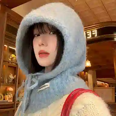 北极绒 韩版巴拉克拉法帽秋冬一体加厚保暖针织护耳帽时尚百搭款 羊毛混纺 斗篷帽 女款