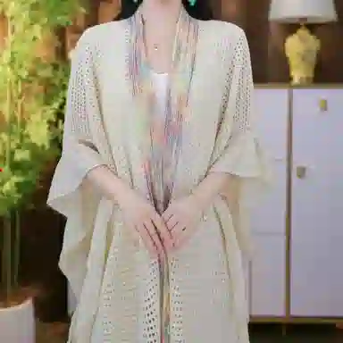 北极绒 潮流氛围感民族风开衩荷叶边时尚镂空开衫外搭 披肩 男女同款情侣款