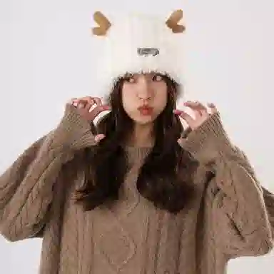 北极绒 毛绒绒鹿角针织韩版防寒保暖显脸小护耳可爱 聚酯纤维 绒线帽 男女同款情侣款