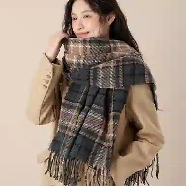 北极绒 韩版高级感复古拼格子夹花纹保暖御寒防风加厚 绒线围巾 男女同款情侣款