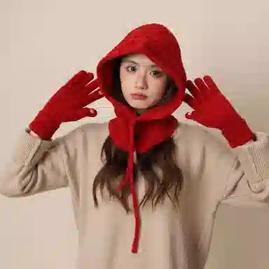 北极绒 红色针织冬季加厚保暖加长可触屏分指防冻骑行五指韩版 腈纶 绒线手套 男女同款情侣款