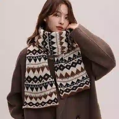 北极绒 费尔岛风新年红色冬季复古百搭保暖加厚针织可爱 绒线围巾 男女同款情侣款