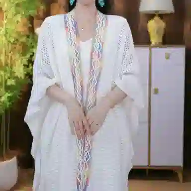 北极绒 潮流氛围感民族风开衩荷叶边时尚镂空开衫外搭 披肩 男女同款情侣款