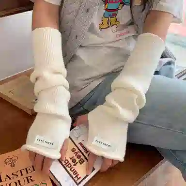 北极绒 粉色多巴胺少女纯色针织毛线袖套针织长款秋冬百搭学生堆堆袖 聚酯纤维 手套 女款