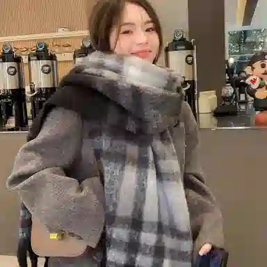 北极绒 冬季新款日系拼色仿羊绒格子秋冬防寒保暖百搭学生针织围脖 绒线围巾 男女同款情侣款