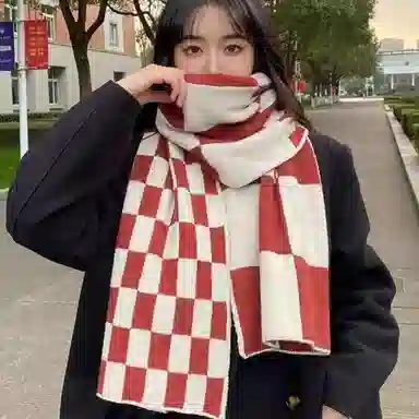 北极绒 秋冬季格子加厚针织红色显白出游百搭披肩围脖 涤纶 绒线围巾 男女同款情侣款