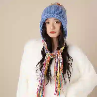 北极绒 彩色流苏民族风甜美护耳时尚保暖针织帽 聚酯纤维 绒线帽 男女同款情侣款