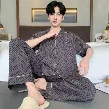 芬腾可安 透气短袖简约细腻亲肤柔软显瘦休闲舒适小众长裤家居服睡衣套装 男款 灰色