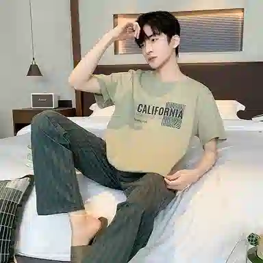 芬腾可安 韩版简约时尚亲肤舒适短袖可外穿休闲长裤睡衣套装 男款 抹茶色