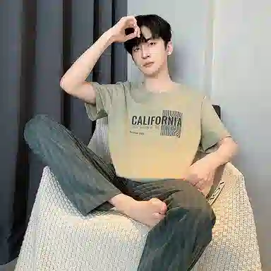 芬腾可安 韩版简约时尚亲肤舒适短袖可外穿休闲长裤睡衣套装 男款 抹茶色