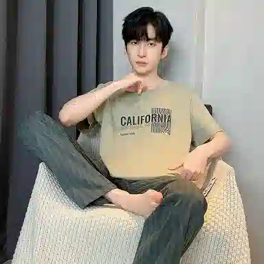 芬腾可安 韩版简约时尚亲肤舒适短袖可外穿休闲长裤睡衣套装 男款 抹茶色