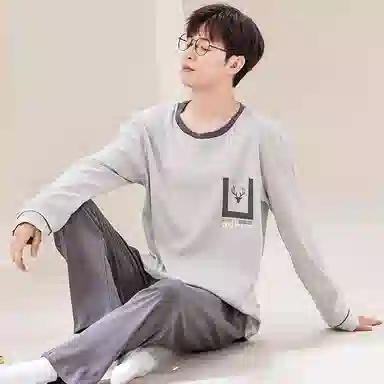 芬腾可安 简约舒适亲肤休闲长袖长裤家居服可外穿睡衣套装 男款 浅灰色