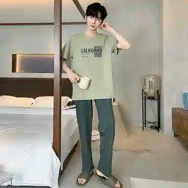 芬腾可安 韩版简约时尚亲肤舒适短袖可外穿休闲长裤睡衣套装 男款 抹茶色