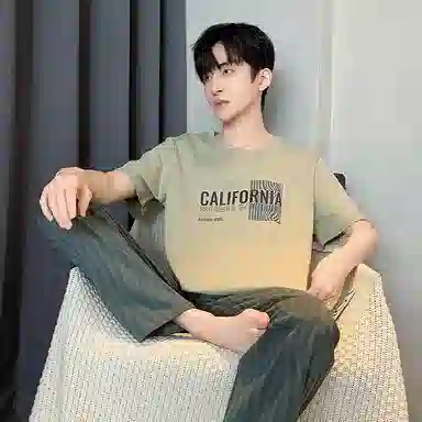 芬腾可安 韩版简约时尚亲肤舒适短袖可外穿休闲长裤睡衣套装 男款 抹茶色