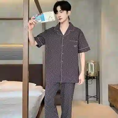 芬腾可安 透气短袖简约细腻亲肤柔软显瘦休闲舒适小众长裤家居服睡衣套装 男款 灰色