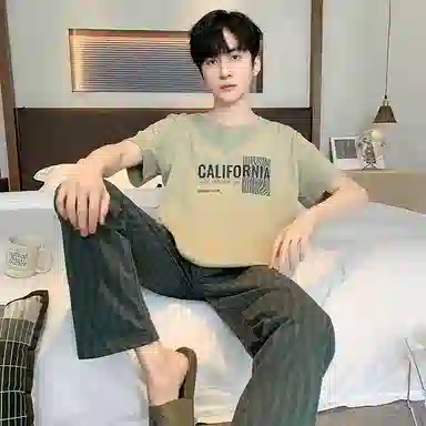 芬腾可安 韩版简约时尚亲肤舒适短袖可外穿休闲长裤睡衣套装 男款 抹茶色