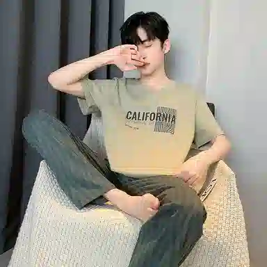 芬腾可安 韩版简约时尚亲肤舒适短袖可外穿休闲长裤睡衣套装 男款 抹茶色