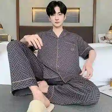 芬腾可安 透气短袖简约细腻亲肤柔软显瘦休闲舒适小众长裤家居服睡衣套装 男款 灰色