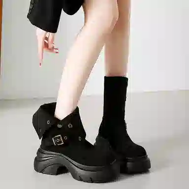 绒面 百搭增高美拉德风格不过膝厚底西部 短靴 女